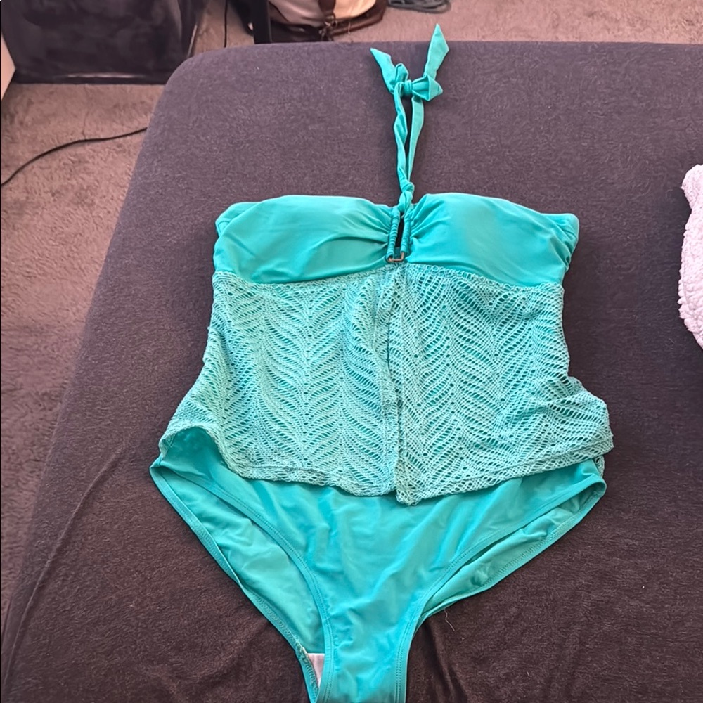 Turquoise One-Piece Swimsuit with Lace Detail